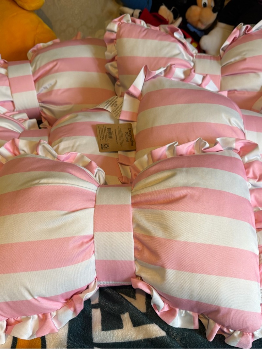 Striped Pink and White Ruffle Bow Throw Pillow - Home Bedding